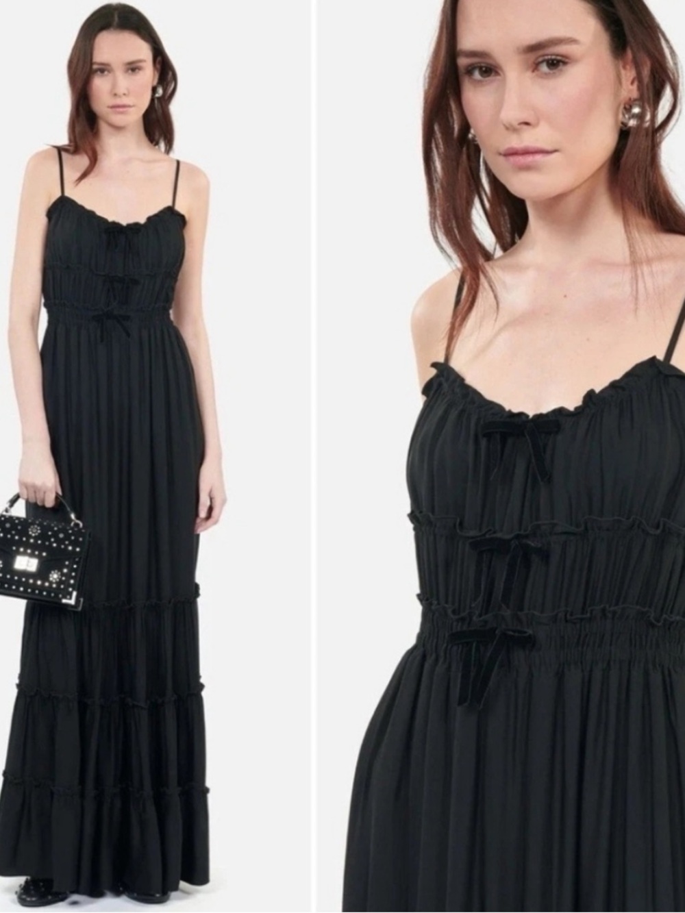 The Kooples Shirred Velvet Bow Long Maxi Dress NWT Size FR 0, US XS - Picture 6 of 9